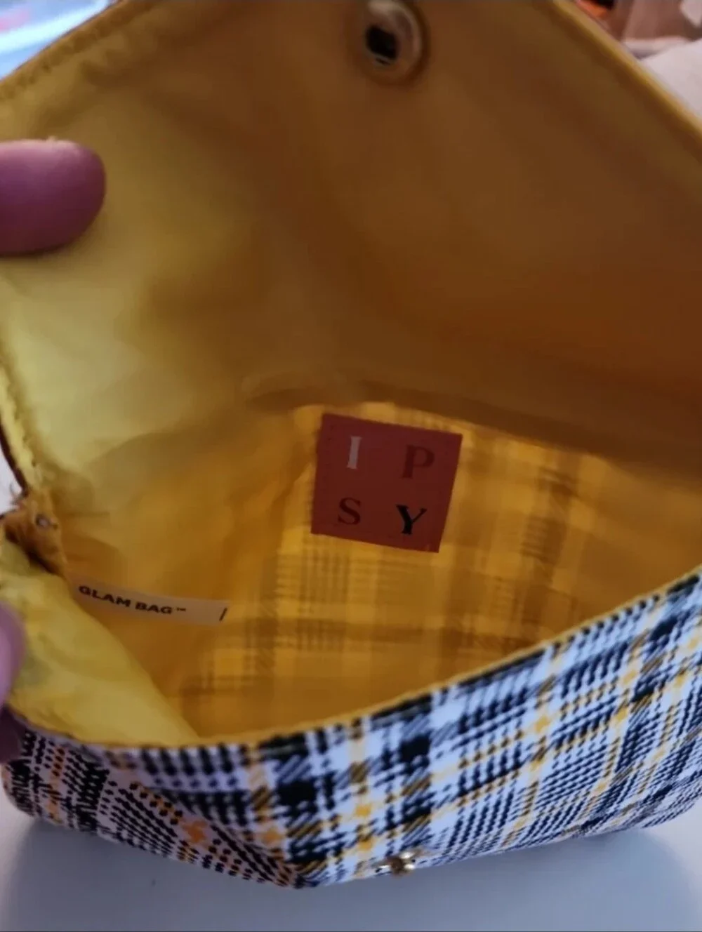 IPSY Yellow Black Plaid Envelope Cosmetic Makeup Bag Clutch Pouch Snap Button